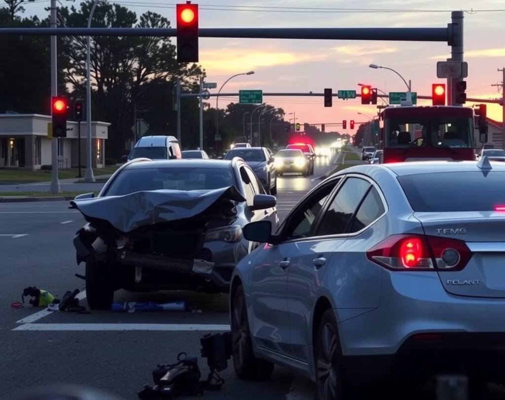 A busy Arkansas intersection at dusk, showing two damaged cars after a crash.