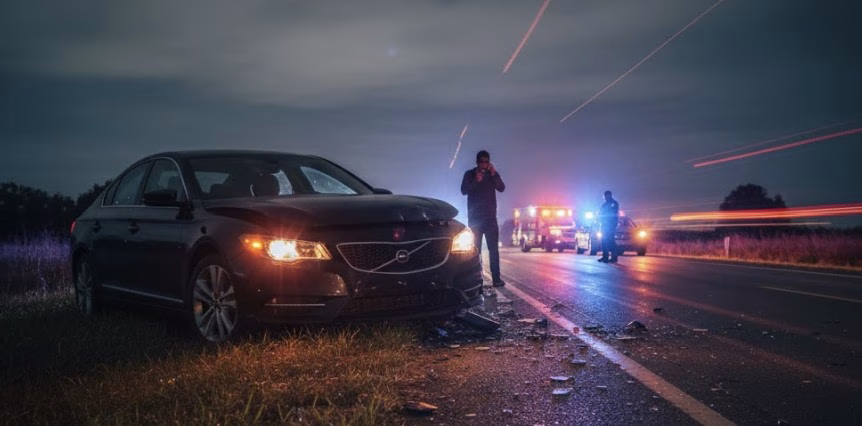 A hit-and-run accident scene with a damaged vehicle on the shoulder, hazard lights on, and police lights reflecting on the road.