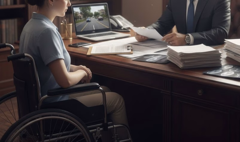 A catastrophic injury victim in a wheelchair speaking with a personal injury attorney in a professional office setting, with medical documents visible.