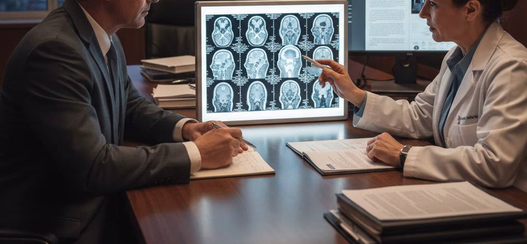 A lawyer and neurologist reviewing CT scans together in a law office.