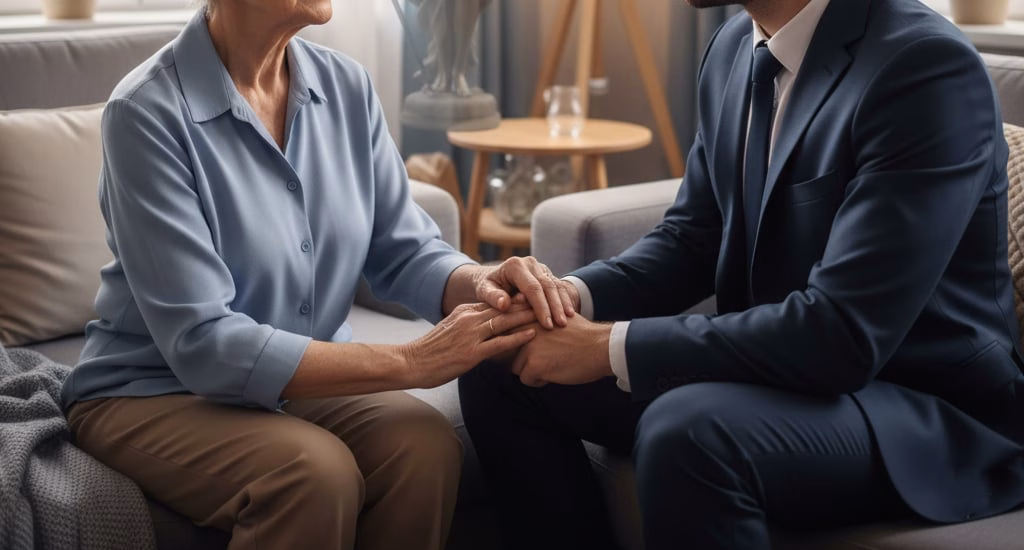 An elderly person holding a younger family member’s hand in a nursing home, symbolizing protection and justice.