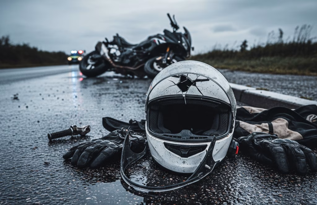 A broken helmet and on the road symbolizing passenger injury and liability.
