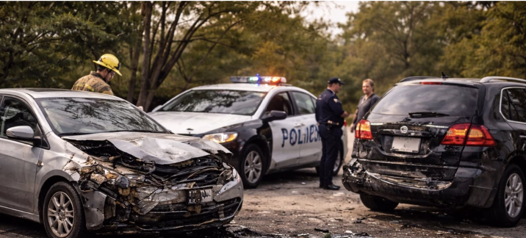 Car crash scene showing front and rear vehicle damage, debris on the road, and police officers speaking with drivers while emergency lights flash.