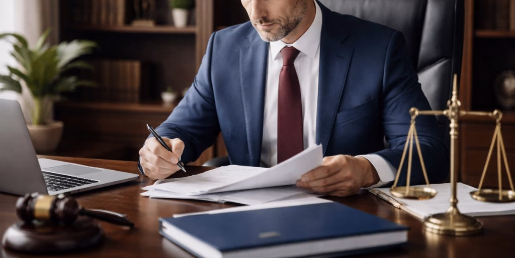 Lawyer reviewing and signing paperwork at a desk with a laptop, gavel, and scales of justice.