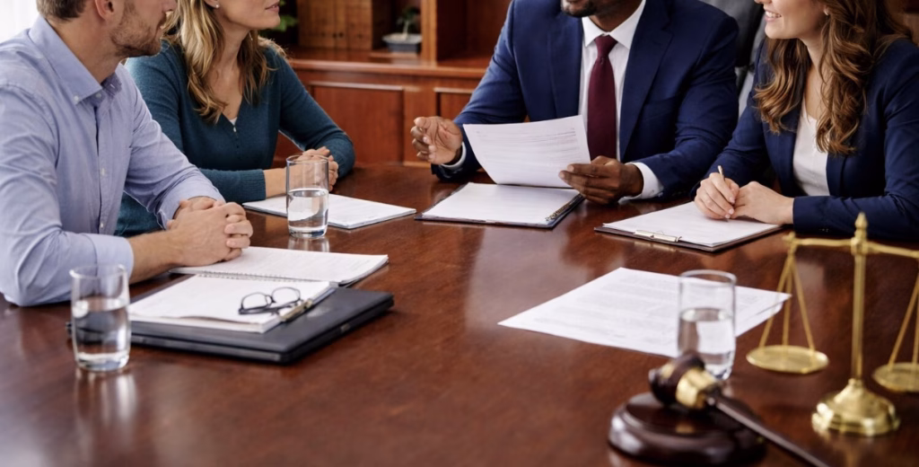 A lawyer meets with three clients at a conference table, reviewing documents, with a gavel and scales of justice visible in the foreground.