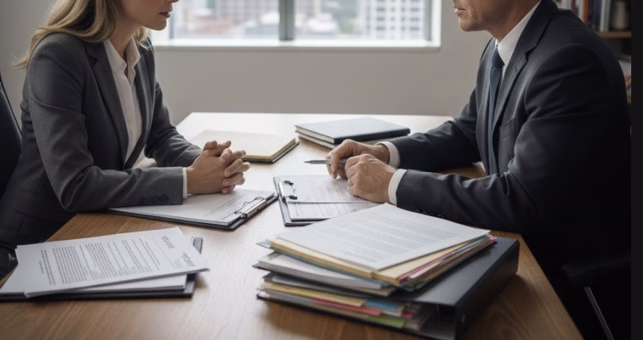 A concerned client speaking with an attorney across a desk, legal documents visible