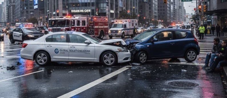 Car accident scene involving a company vehicle and another car at an intersection