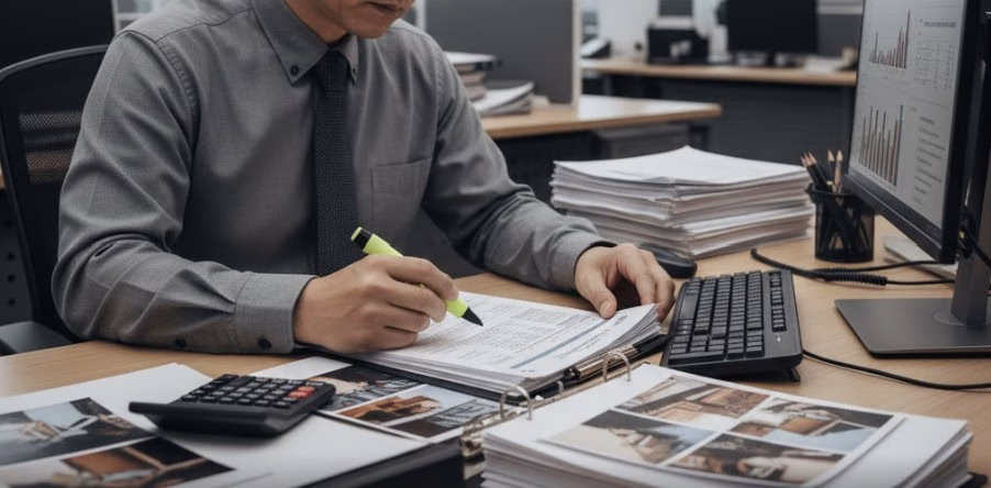 An Arkansas insurance adjuster analyzing paperwork at a desk with a calculator and claim file.