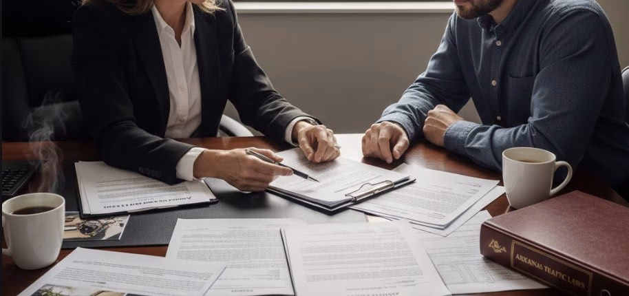 A professional personal injury attorney in a modern Arkansas law office reviewing accident documents with a concerned client
