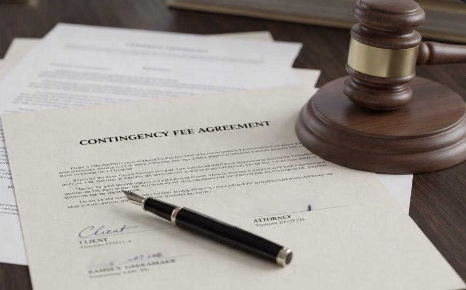 Close-up of a signed contingency fee agreement on a desk with a gavel and legal documents