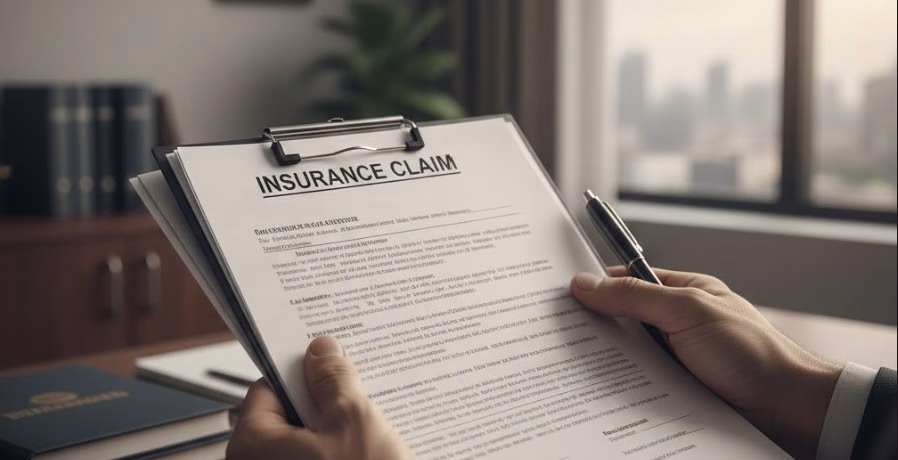 A person holding paperwork labeled “Insurance Claim".