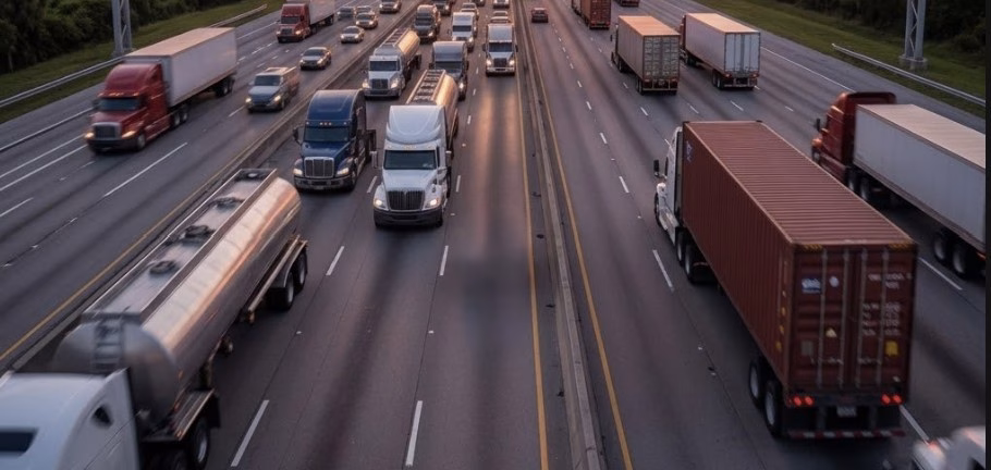 A highway with heavy semi trucks driving at sunset representing commercial trucking risks