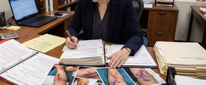 A lawyer reviewing dog bite injury photos and medical documents on a desk while preparing a legal case.