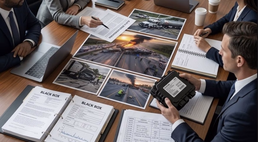 A legal team reviewing truck accident evidence including black box data, logbooks, and accident photos on a conference table