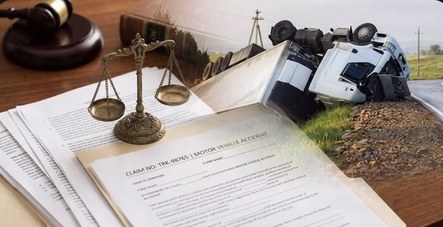 Legal documents and scales of justice overlayed with a image of a truck accident scene