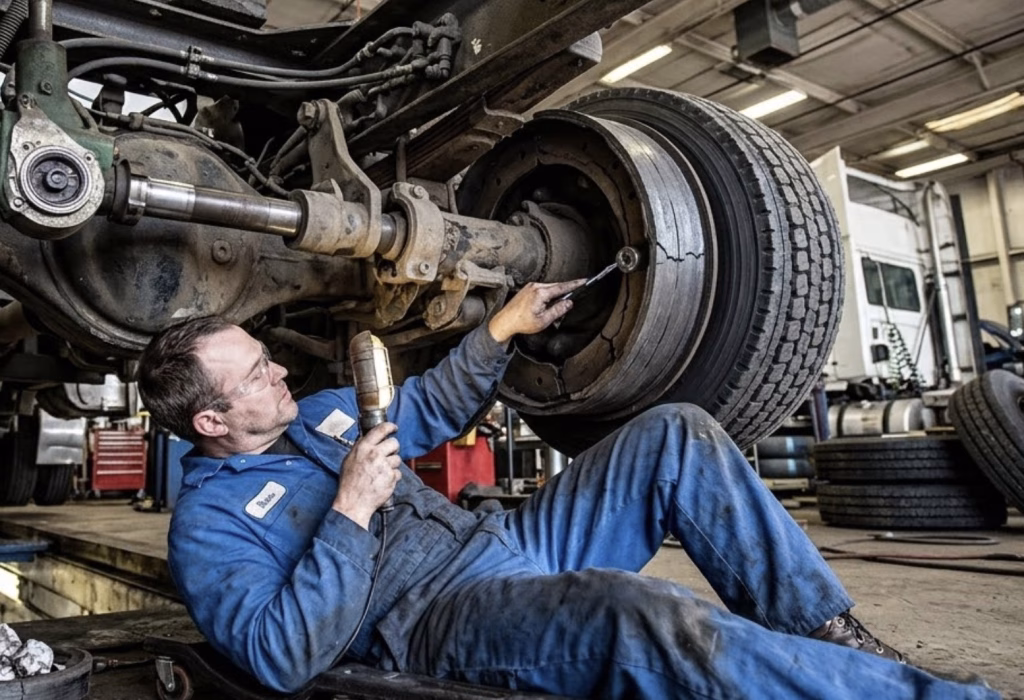 A semi-truck mechanic inspecting worn brake components under a large truck in a repair garage