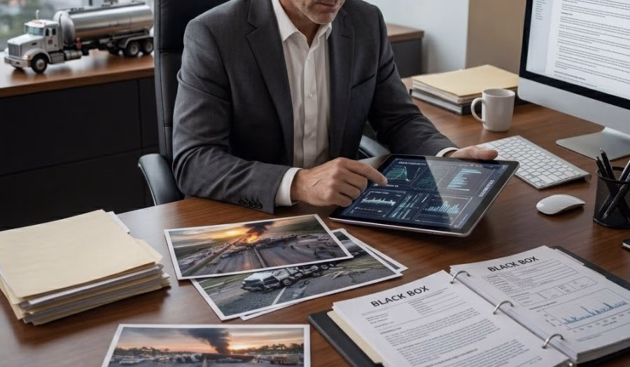 Lawyer reviewing black box data on a tablet in an office, with legal documents and accident photos on the desk