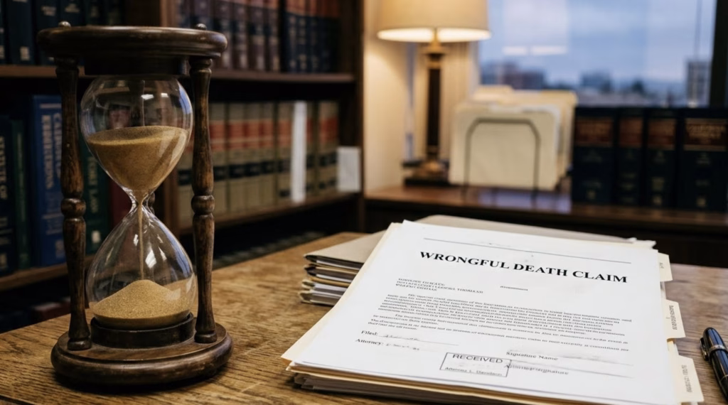 A symbolic hourglass with sand running out next to legal papers labeled ‘Wrongful Death Claim’