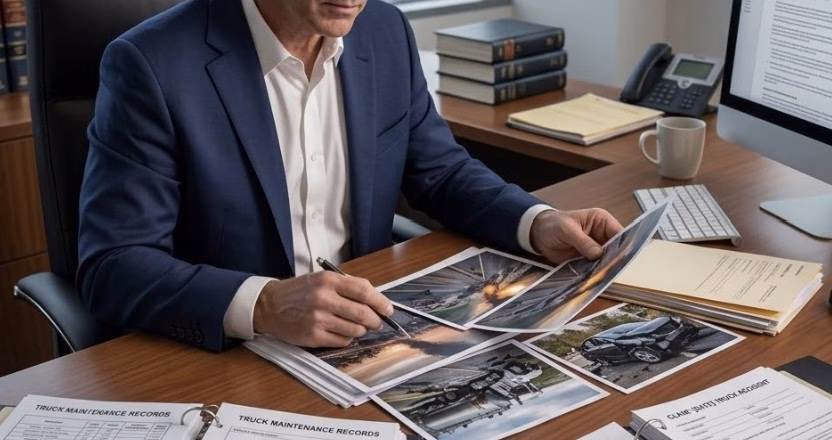 Lawyer reviewing truck accident evidence on a desk