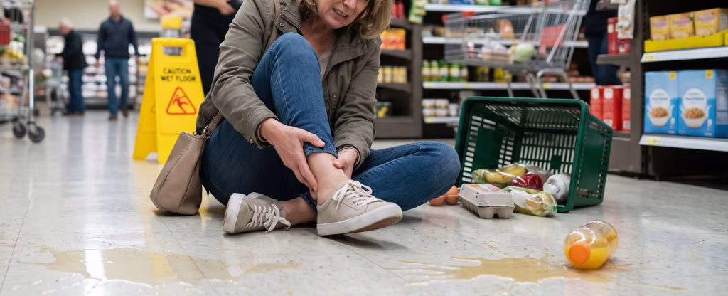 Person holding an injured ankle after a slip-and-fall accident on a wet grocery store floor.